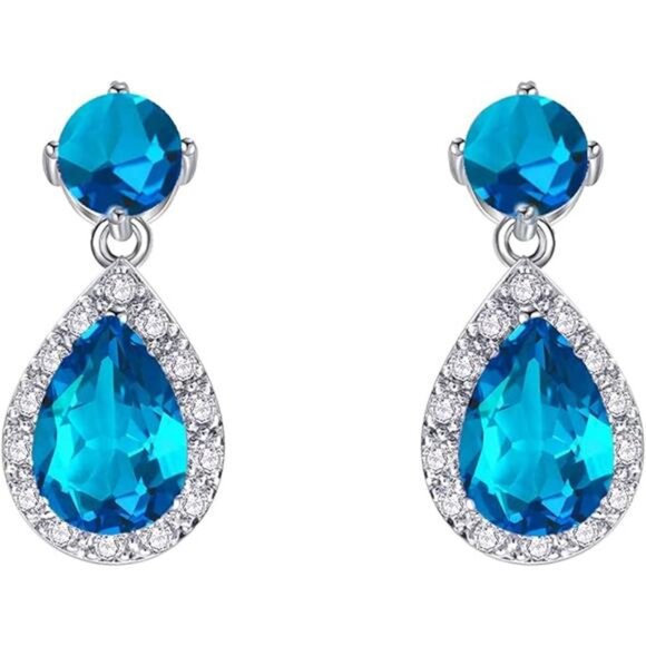 Drop Dangle Earrings - White Gold Plated Gemstone Teardrop Crystal Hypoallergeni - Picture 8 of 8